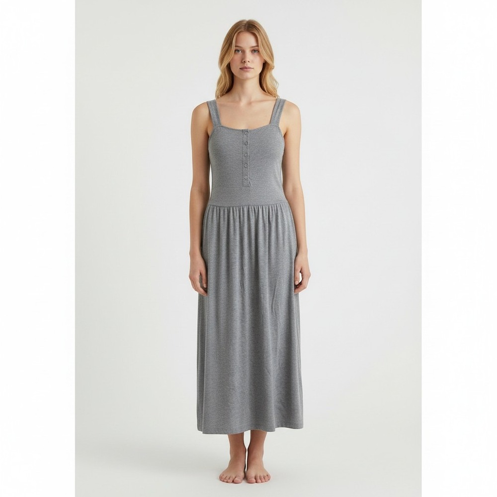 Women's Gray Heather Maxi Dress Med Sleeveless Square Neck Button Front